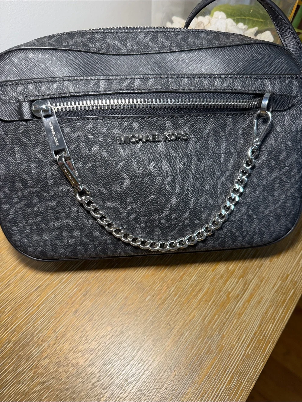 Michael Kors Black Signature Monogram Crossbody Bag with Silver Chain